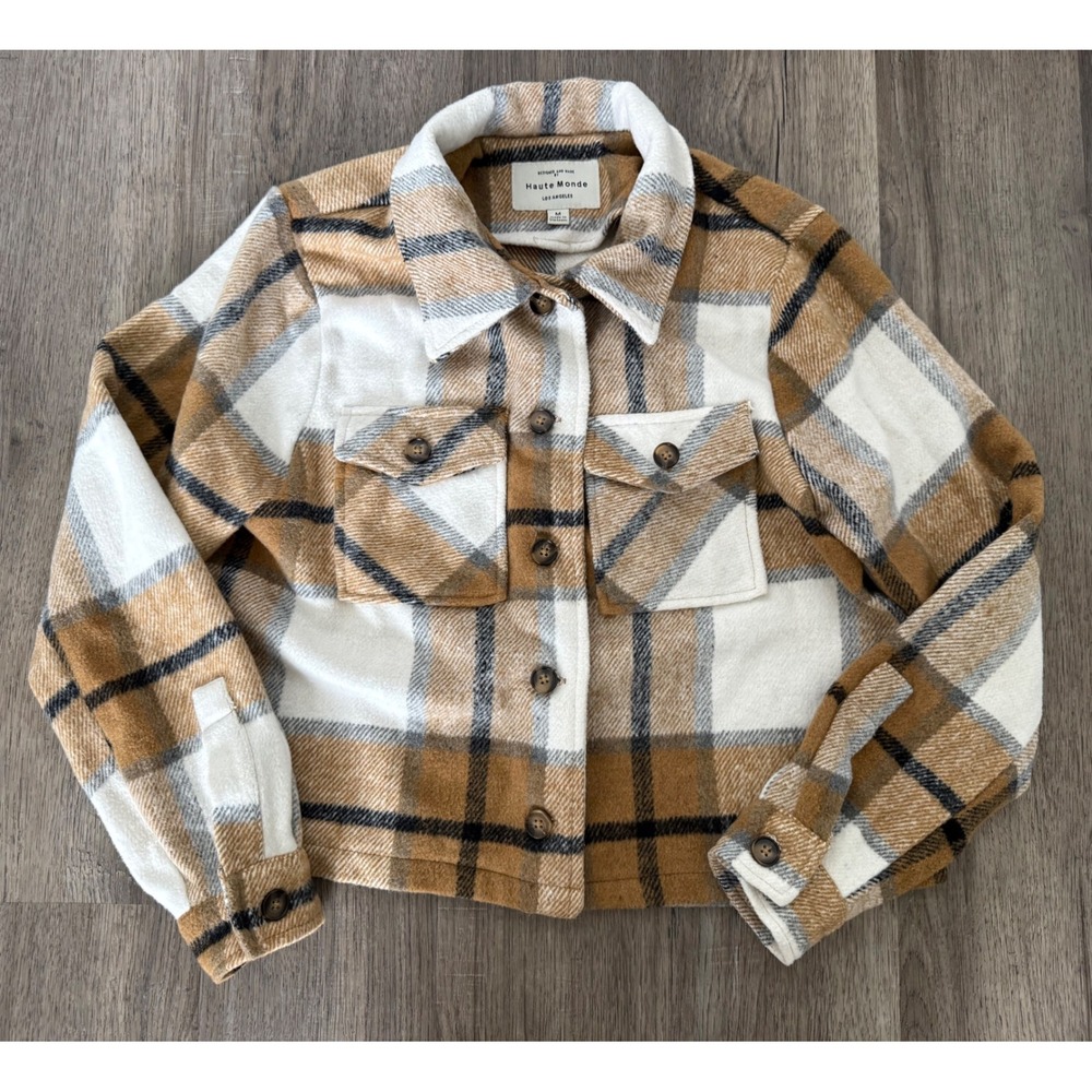 Haute Monde Women's Medium Cropped Plaid Shacket Jacket Tan Cream Black